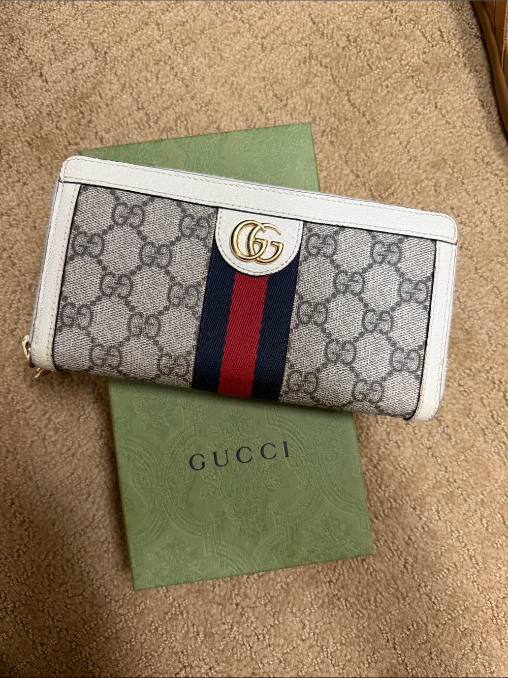 Gucci Beige GG Supreme Canvas Zip Wallet with Navy and Red Web